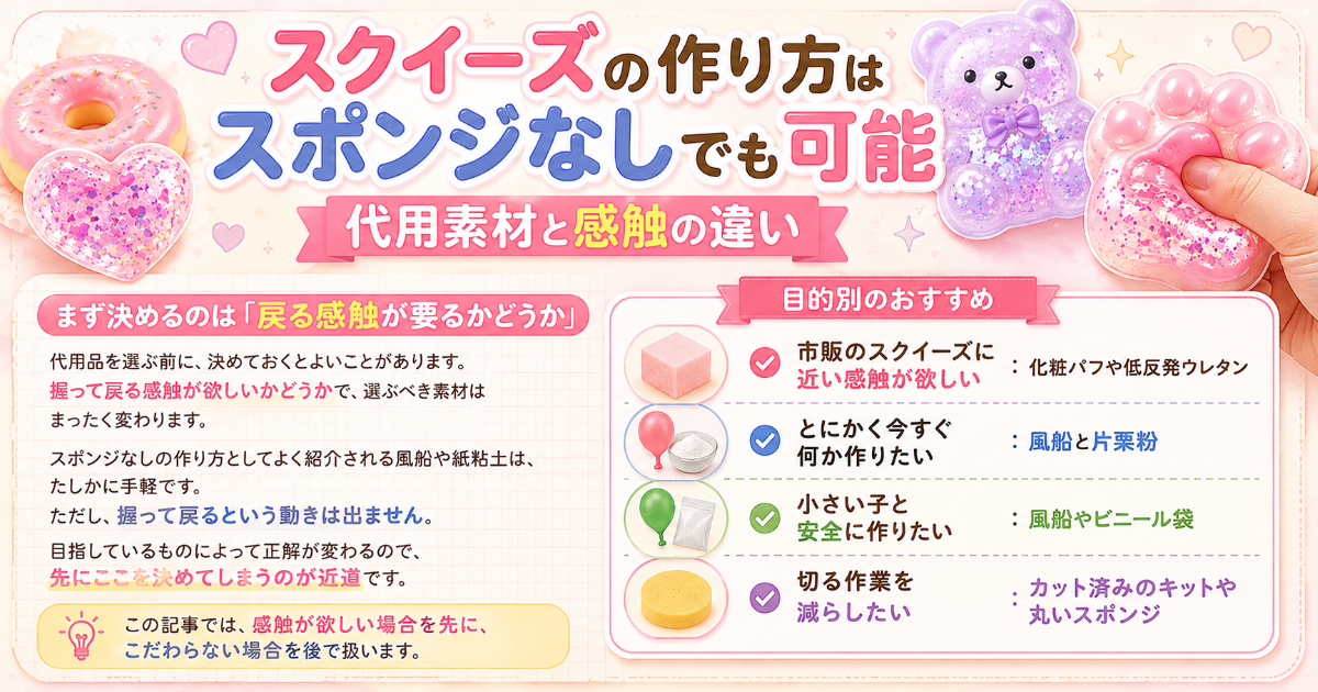 スクイーズをスポンジなしで作る方法 化粧パフ 低反発ウレタン 代用素材 風船で作る場合 感触の違い