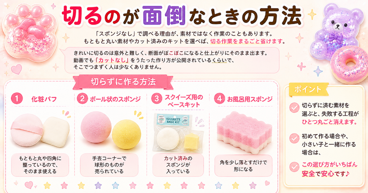 スクイーズをスポンジなしで作る方法 化粧パフ 低反発ウレタン 代用素材 風船で作る場合 感触の違い
