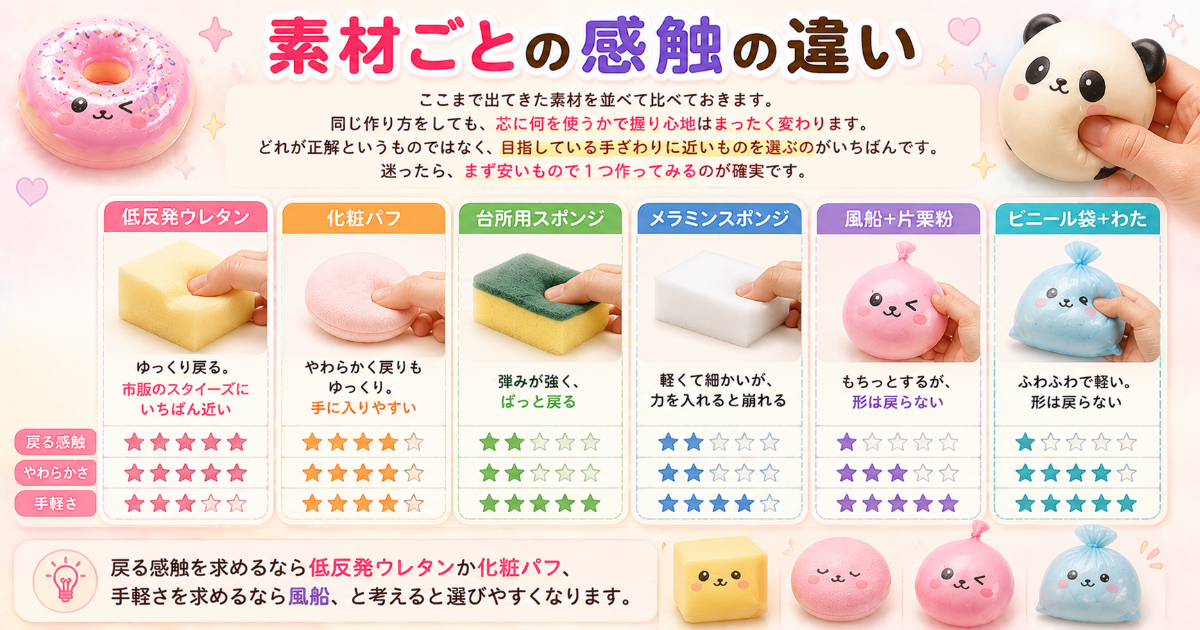 スクイーズをスポンジなしで作る方法 化粧パフ 低反発ウレタン 代用素材 風船で作る場合 感触の違い