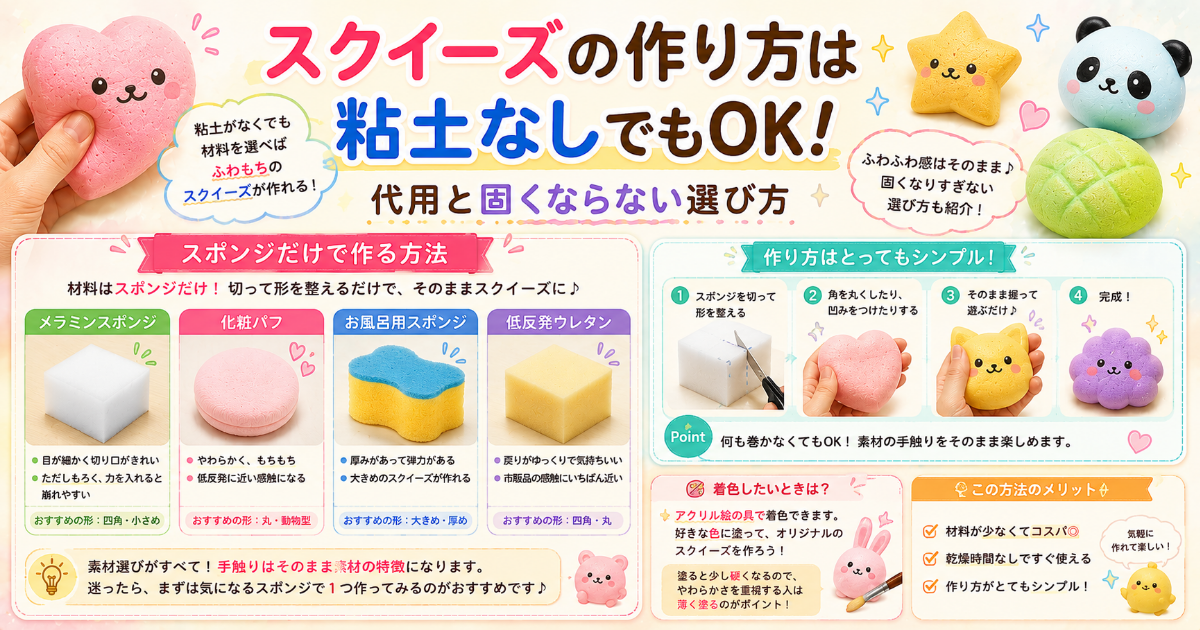 スクイーズを粘土なしで作る方法|ラップやボンドでの代用手順と、固くならない粘土の選び方を解説