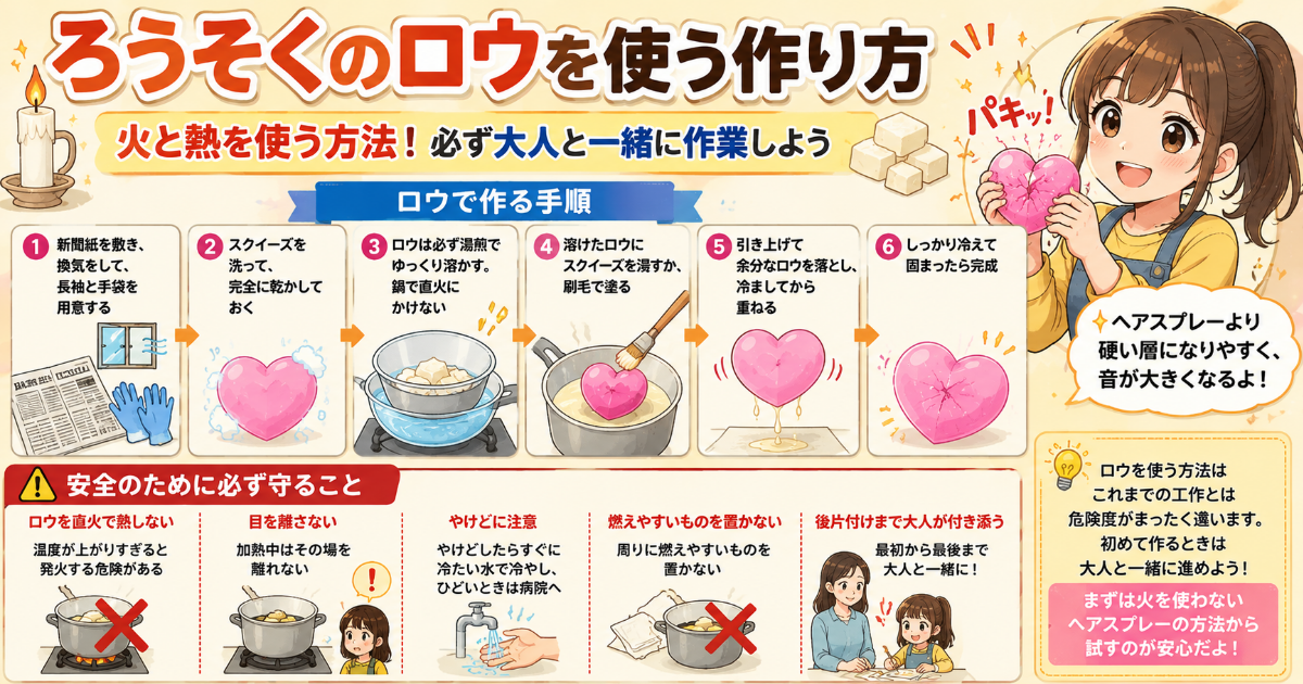 パキパキスクイーズ 作り方 ヘアスプレー 火を使わずに作る方法 ロウを使う方法 割ったあと繰り返し使えるか