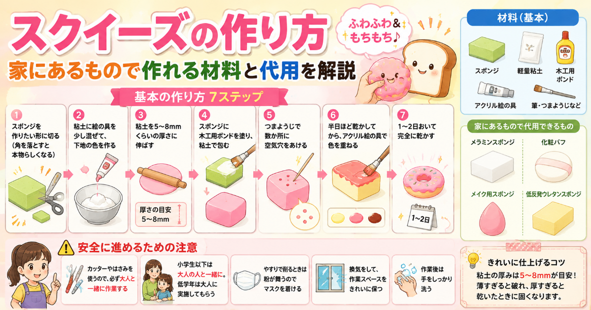 スクイーズを家にあるもので作る方法 スポンジ 粘土 材料がないときの代用