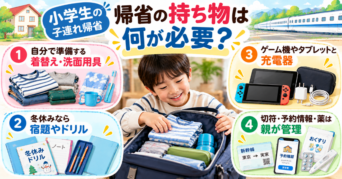 帰省 持ち物 子連れ 子連れ帰省 持ち物リスト, 赤ちゃん 帰省 持ち物, 小学生 帰省 持ち物