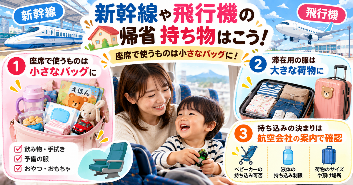 帰省 持ち物 子連れ 子連れ帰省 持ち物リスト, 赤ちゃん 帰省 持ち物, 小学生 帰省 持ち物